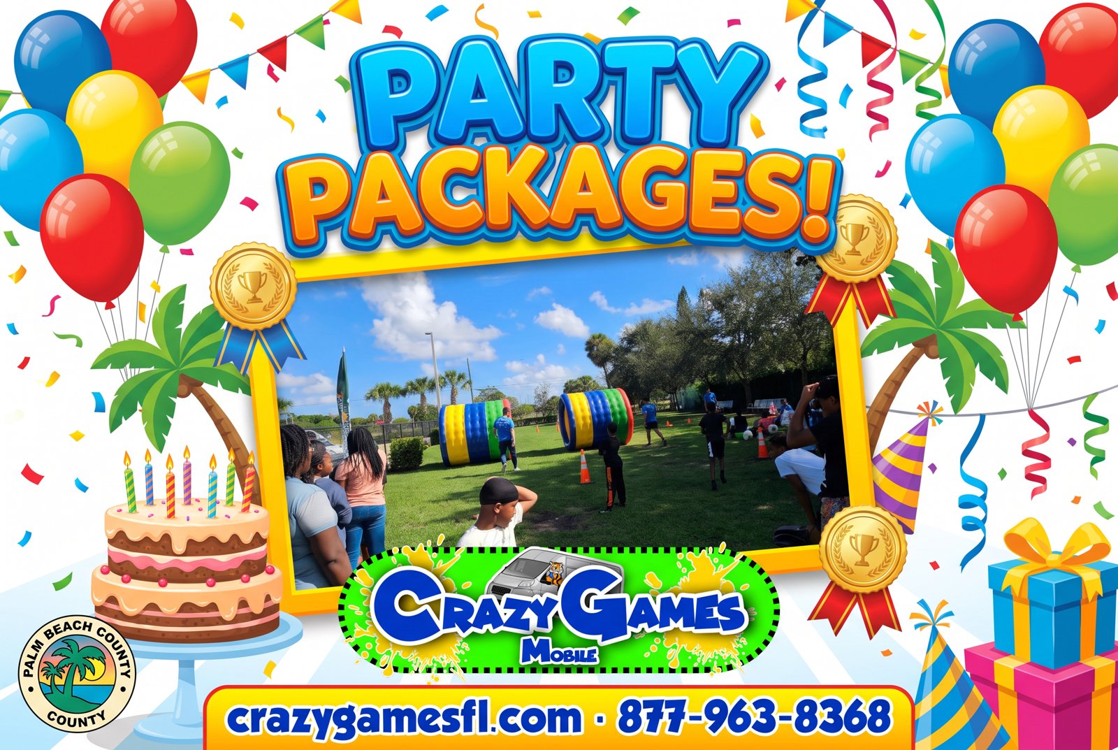 Crazy Games party packages ad with balloons, cake and medals