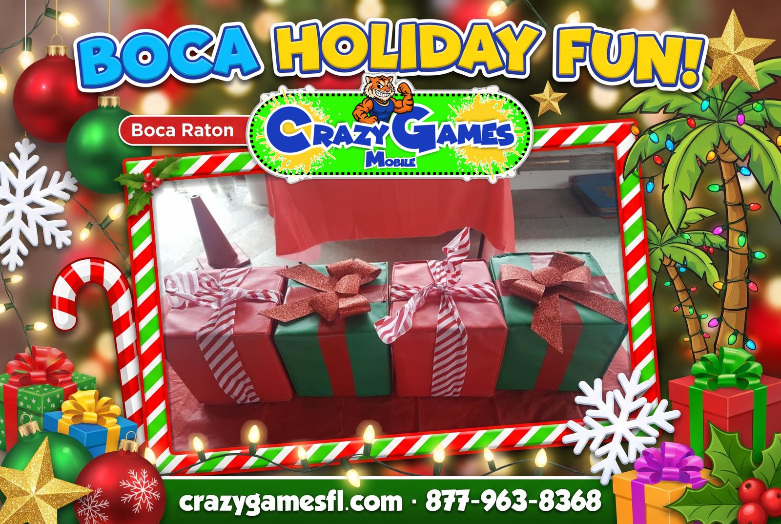 Crazy Games FL holiday ad for Boca Raton with real wrapped gift-box game props, ornaments, string lights and palm trees