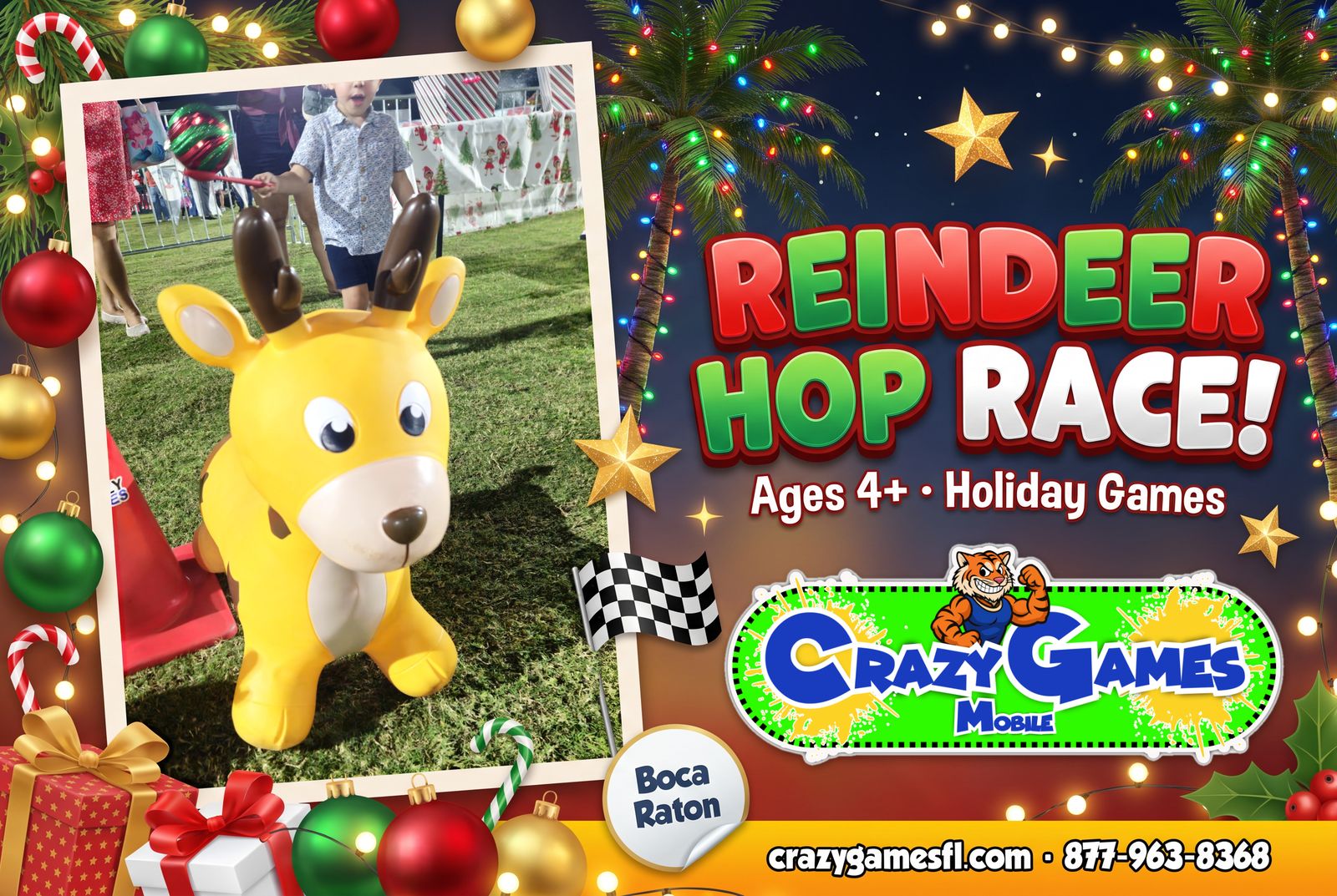 Crazy Games FL Reindeer Hop Race spotlight ad with our real yellow reindeer hopper on the grass at a holiday fair, with ornaments and palm trees