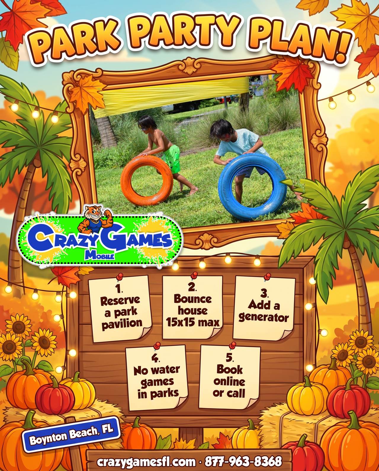 Park party plan checklist ad from Crazy Games FL with kids rolling colorful tires in a field game race