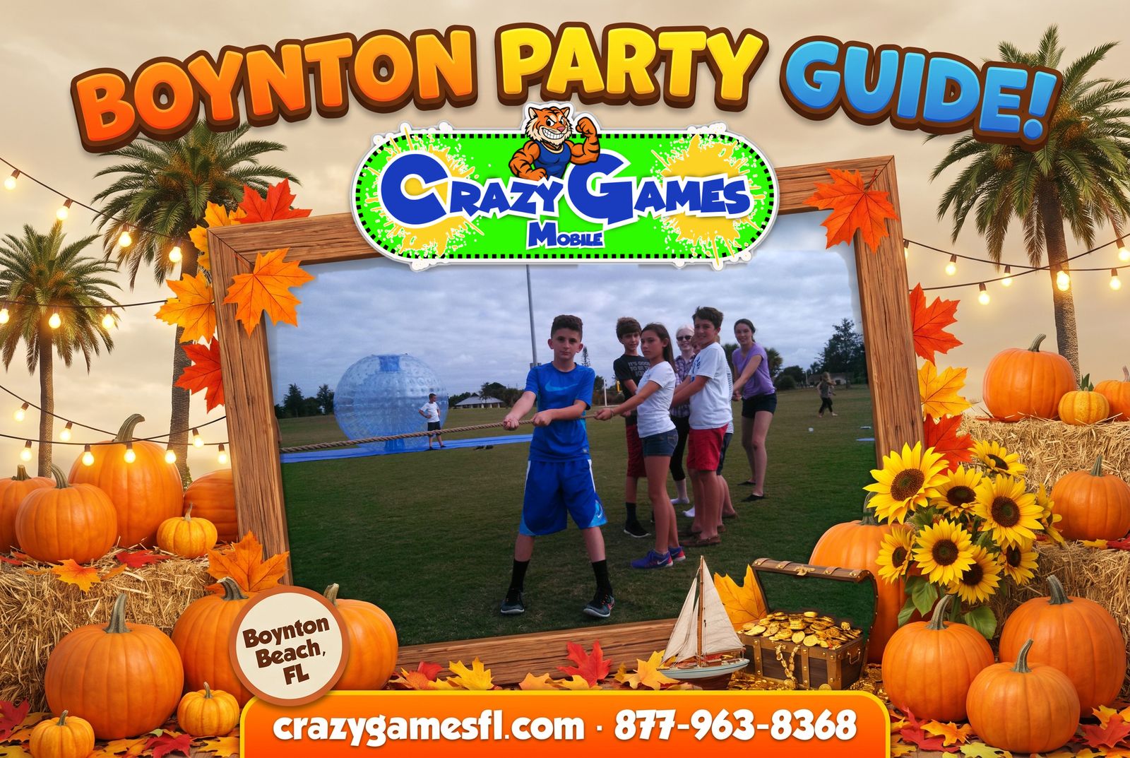 Crazy Games FL Boynton party guide ad with kids pulling a tug-of-war rope on a park field, framed by pumpkins and palm trees