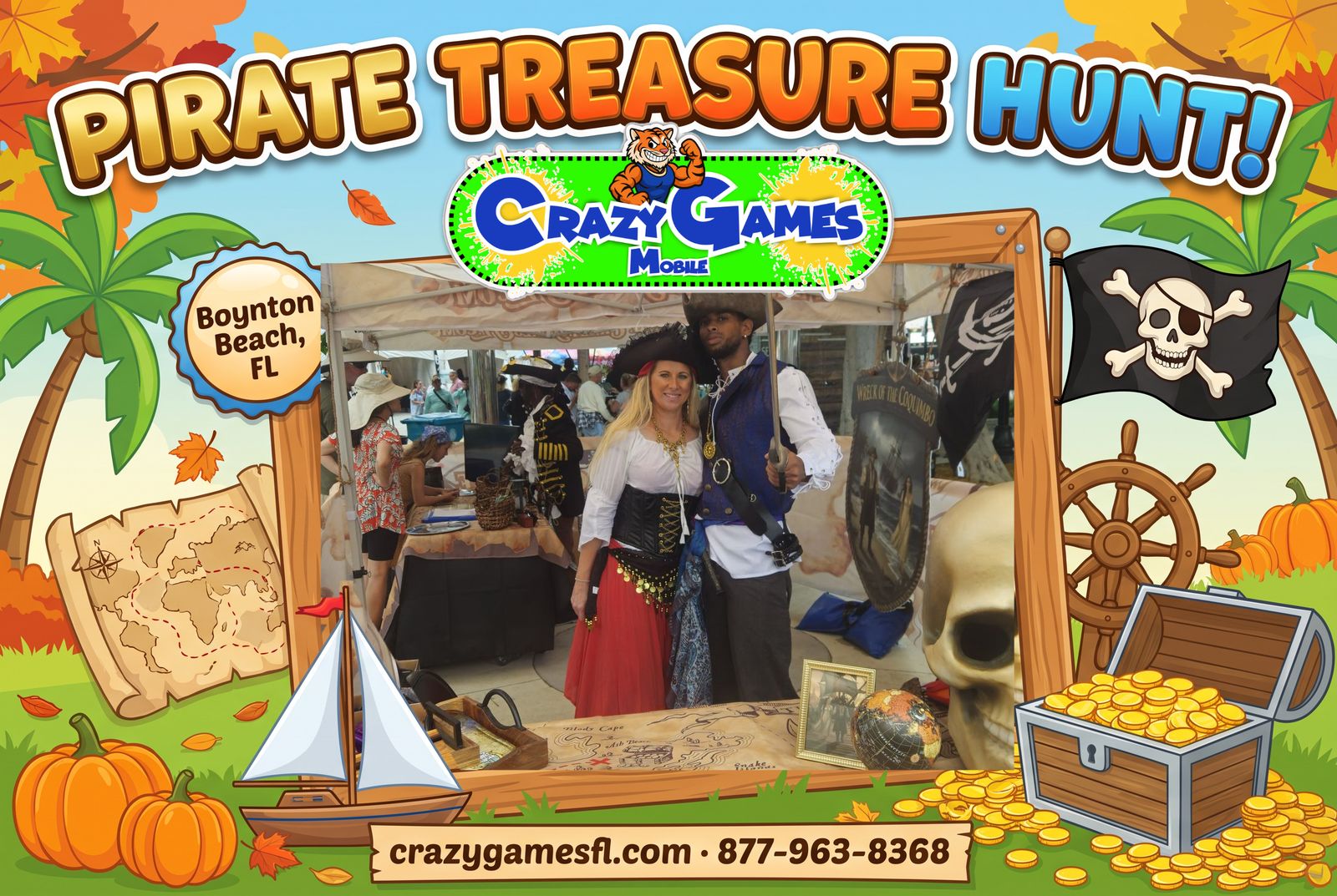 Pirate Treasure Hunt spotlight ad from Crazy Games FL with pirate guides at the treasure hunt tent, a map table and a skull prop