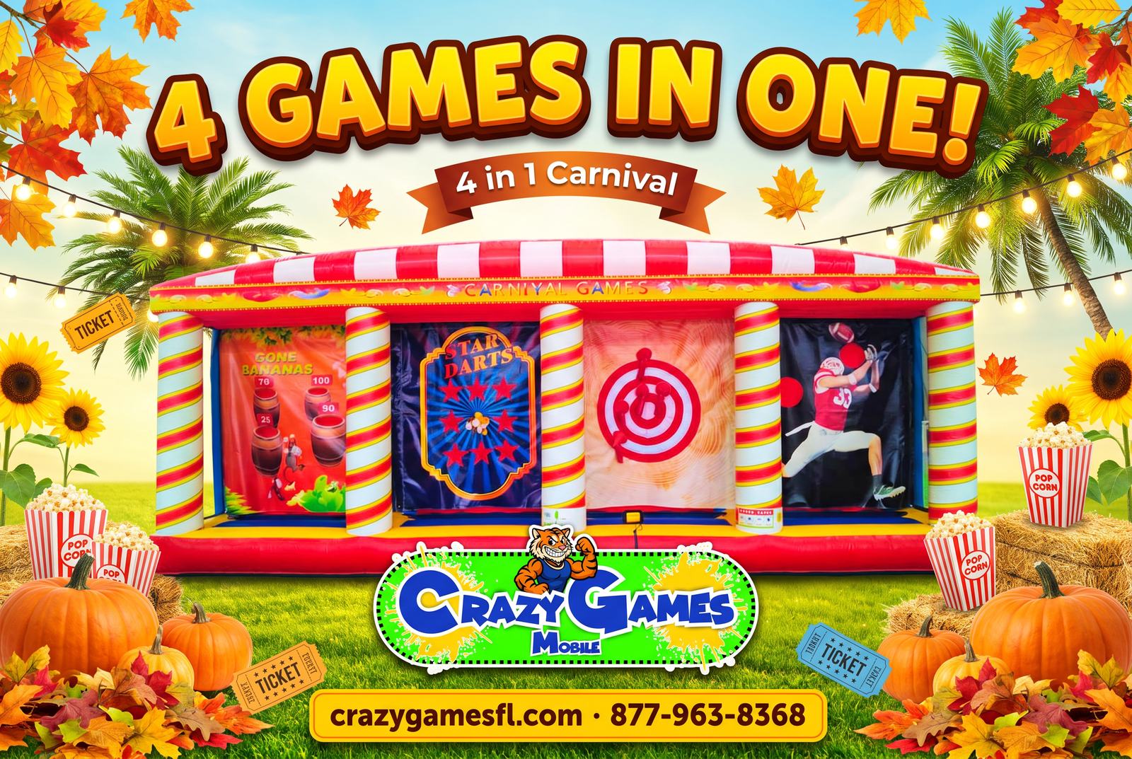 Crazy Games FL 4 in 1 Carnival inflatable booth with Gone Bananas, Star Darts, axe target and football games