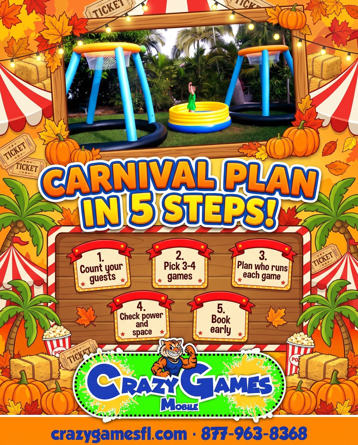Carnival plan in 5 steps: count your guests, pick 3-4 games, plan who runs each game, check power and space, book early