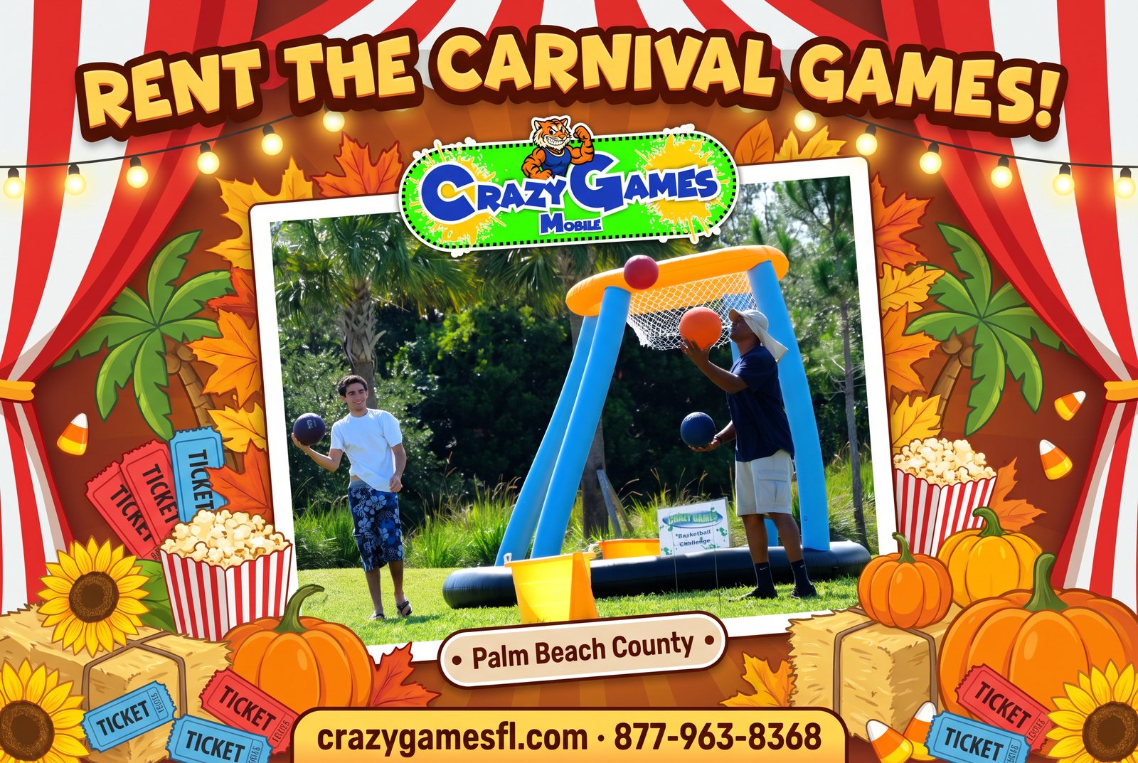 Crazy Games FL fall carnival ad with two players at the Jumbo Basketball game on a park lawn