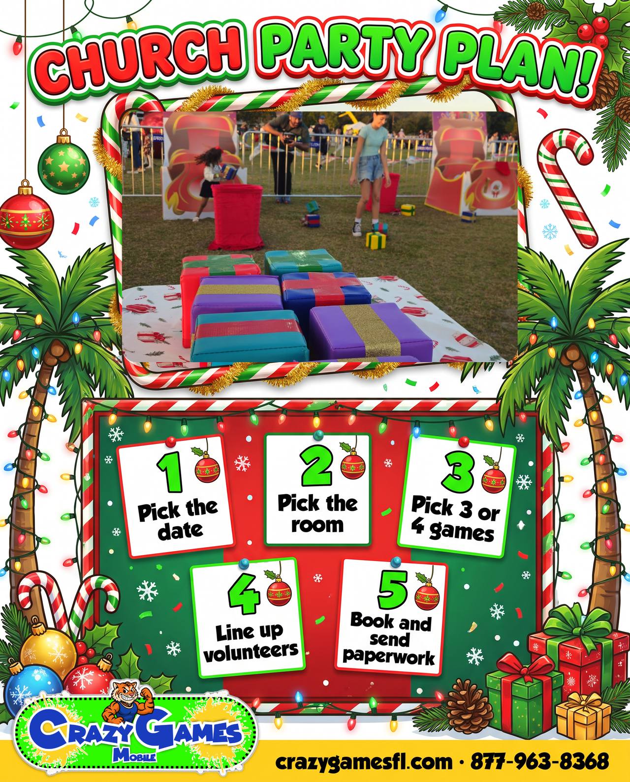 Church Christmas party plan checklist ad from Crazy Games FL with colorful wrapped gift box props stacked on a holiday table