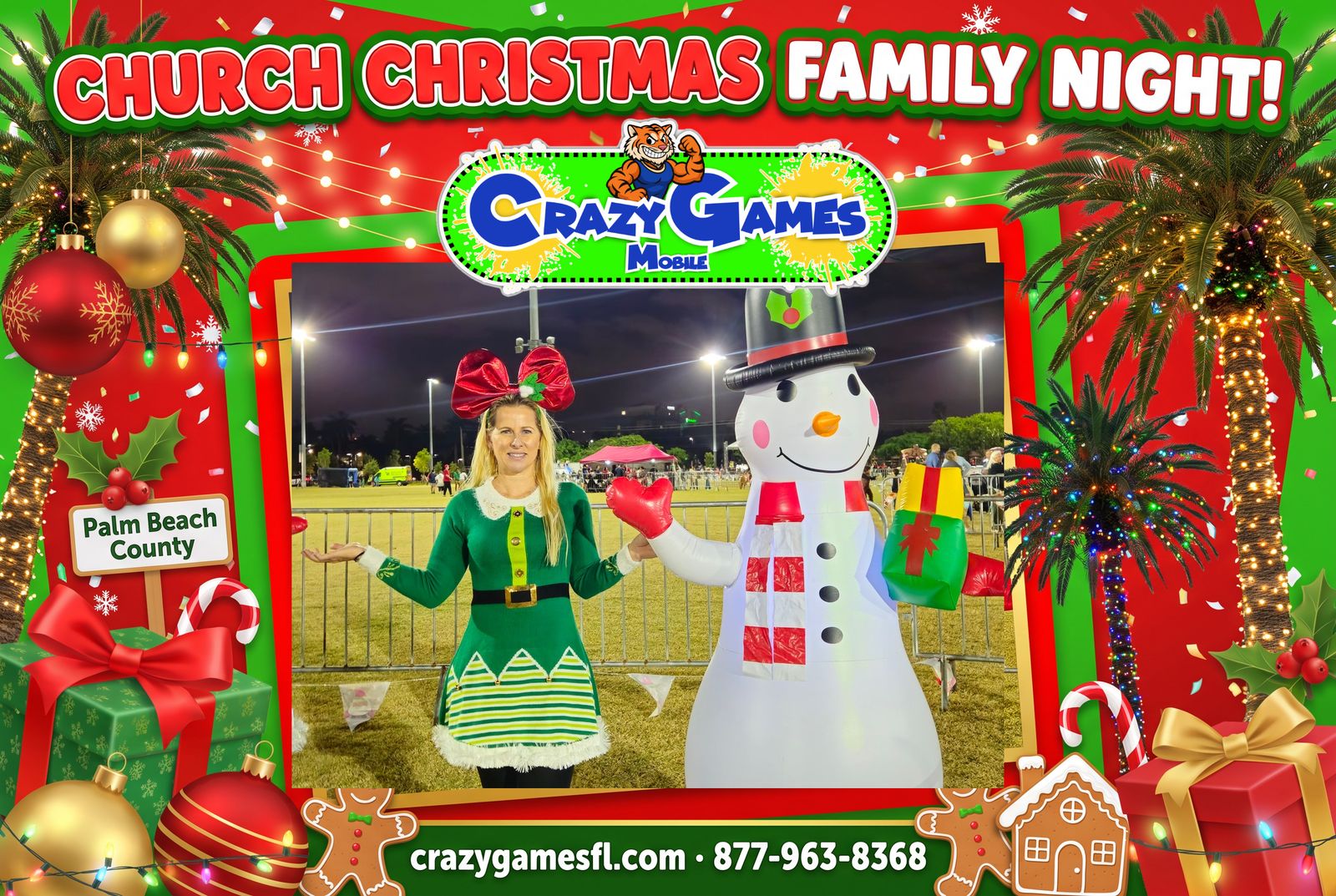 Crazy Games FL church Christmas family night ad with our elf character and a lit snowman at a night holiday fair, framed by ornaments and palm trees