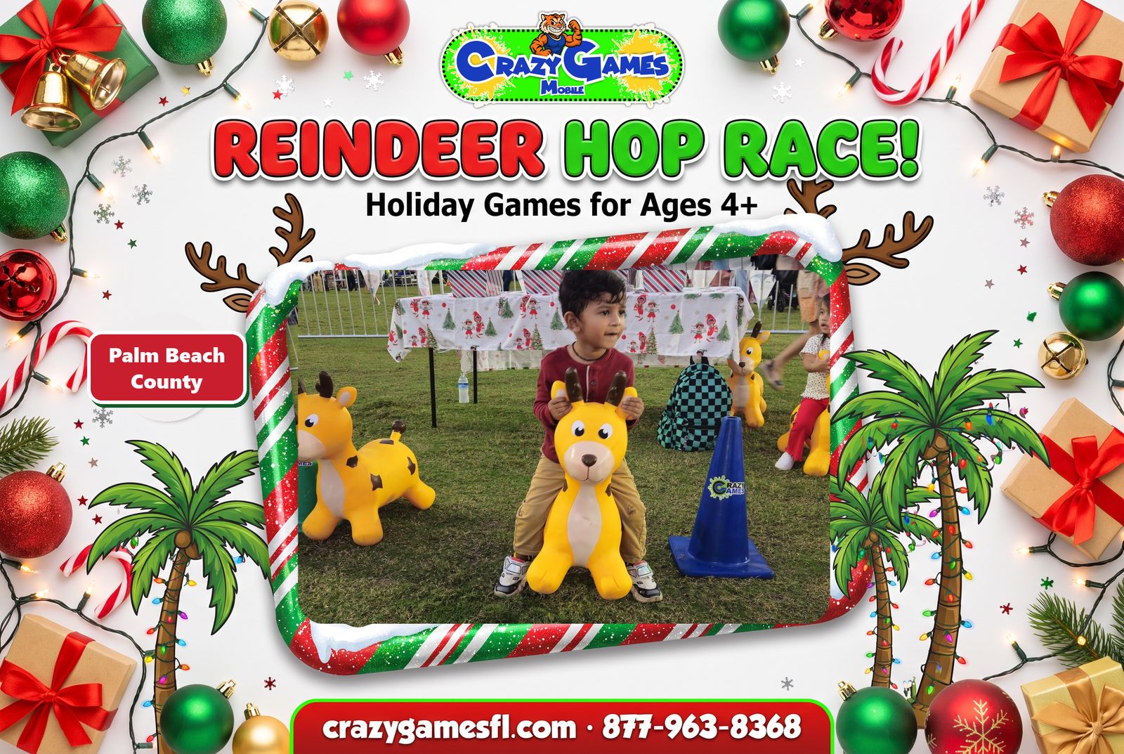 Reindeer Hop Race spotlight ad from Crazy Games FL with a boy bouncing on a hopper at an outdoor holiday fair