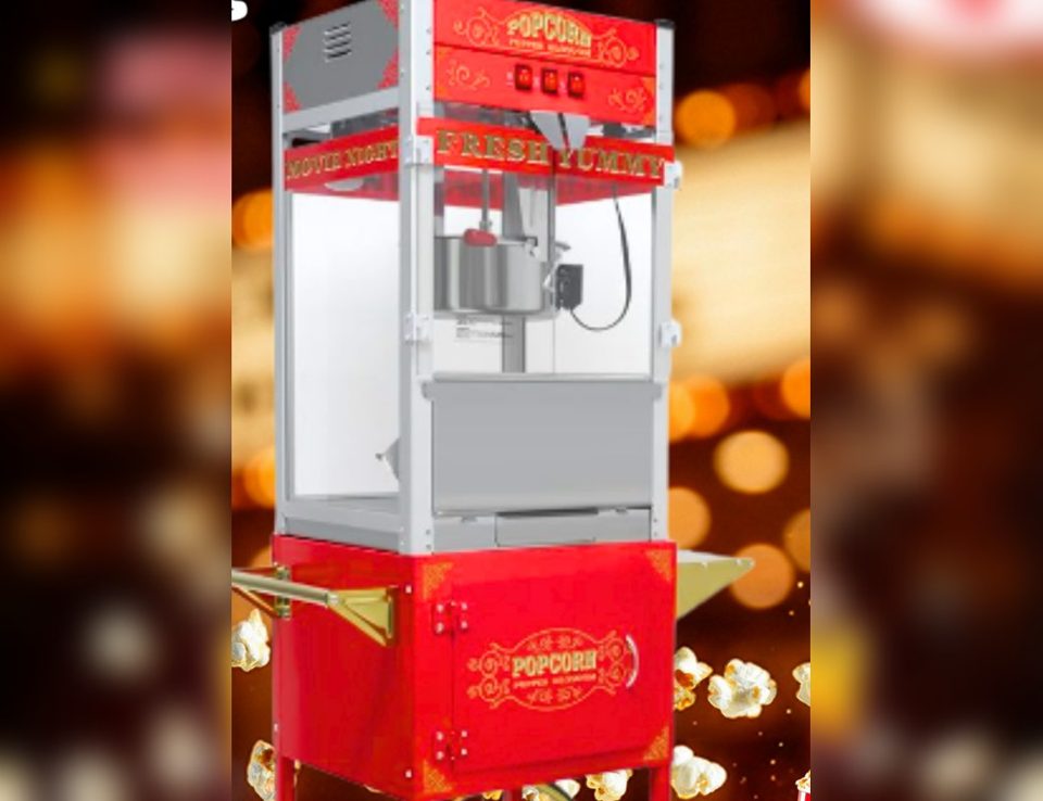 Red Crazy Games popcorn machine on its wheel cart