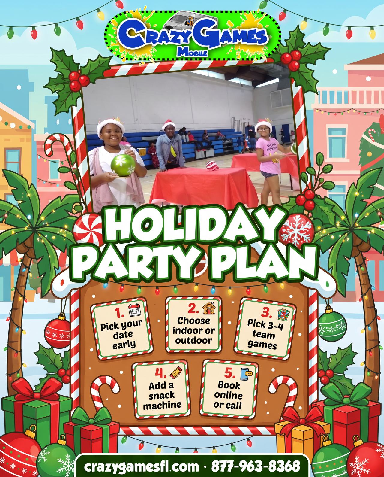 Holiday party plan checklist ad from Crazy Games FL with five steps to plan a company party