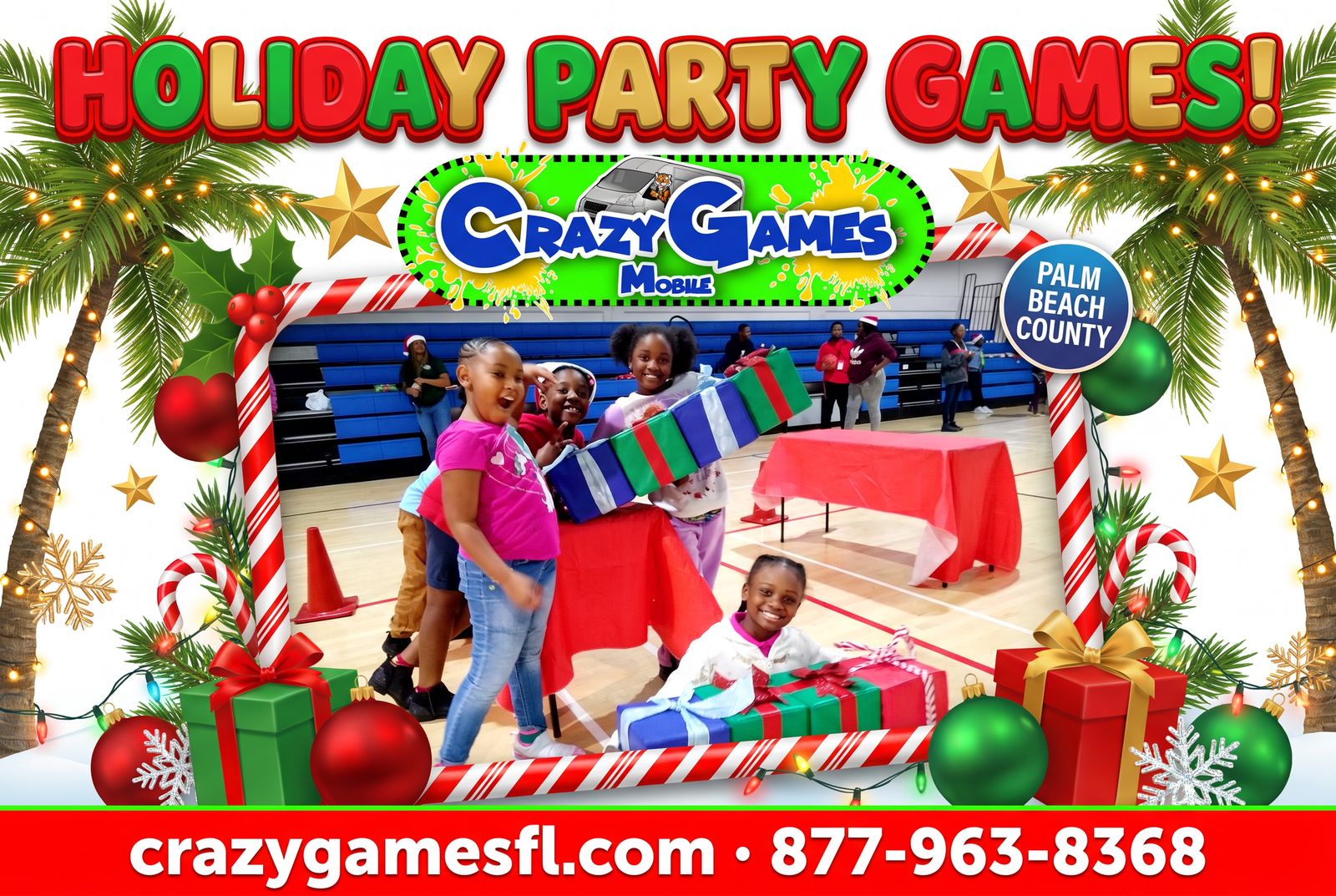 Crazy Games FL holiday party games ad with kids racing wrapped gift boxes at a holiday event