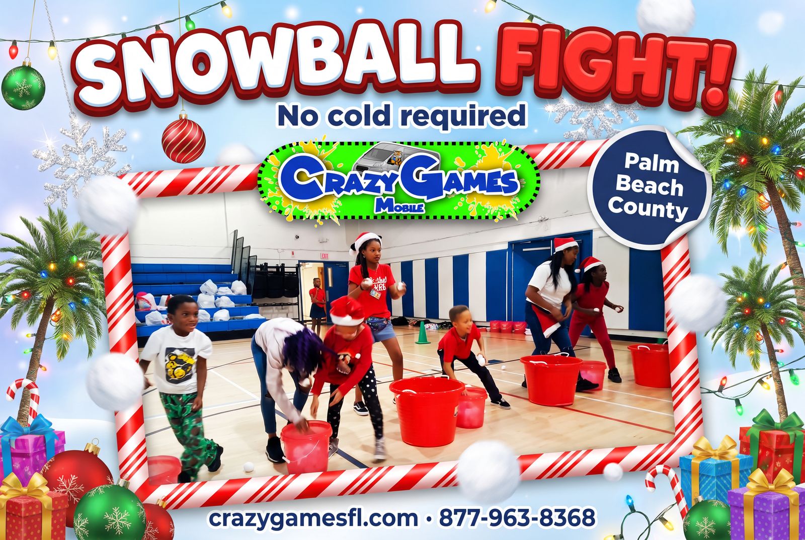 Snowball Fight game spotlight ad from Crazy Games FL showing teams throwing soft snowballs in a gym