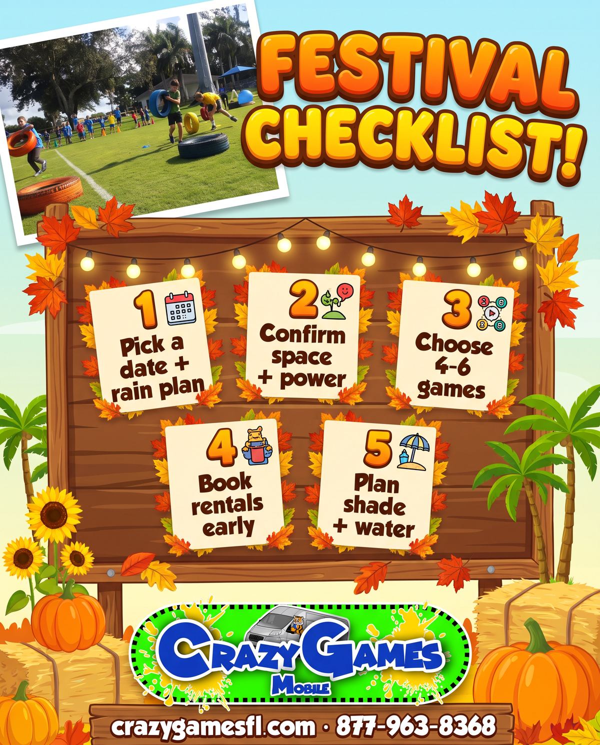 Fall festival checklist ad from Crazy Games FL: pick a date and rain plan, confirm space and power, choose 4 to 6 games, book rentals early, plan shade and water