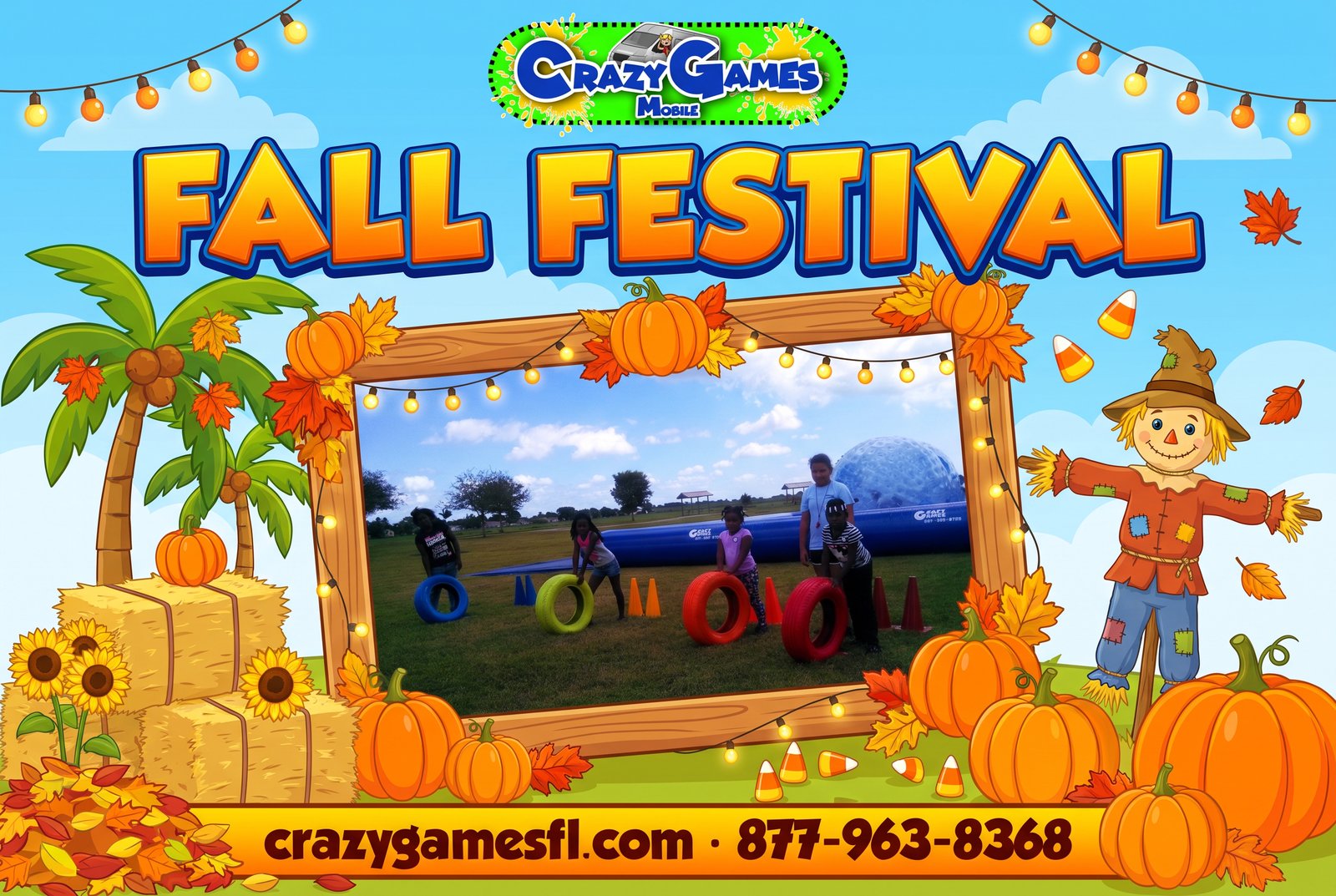 Fall festival ad for Crazy Games FL showing kids playing a tire race game on a Palm Beach County park field, surrounded by pumpkins, hay bales and a scarecrow