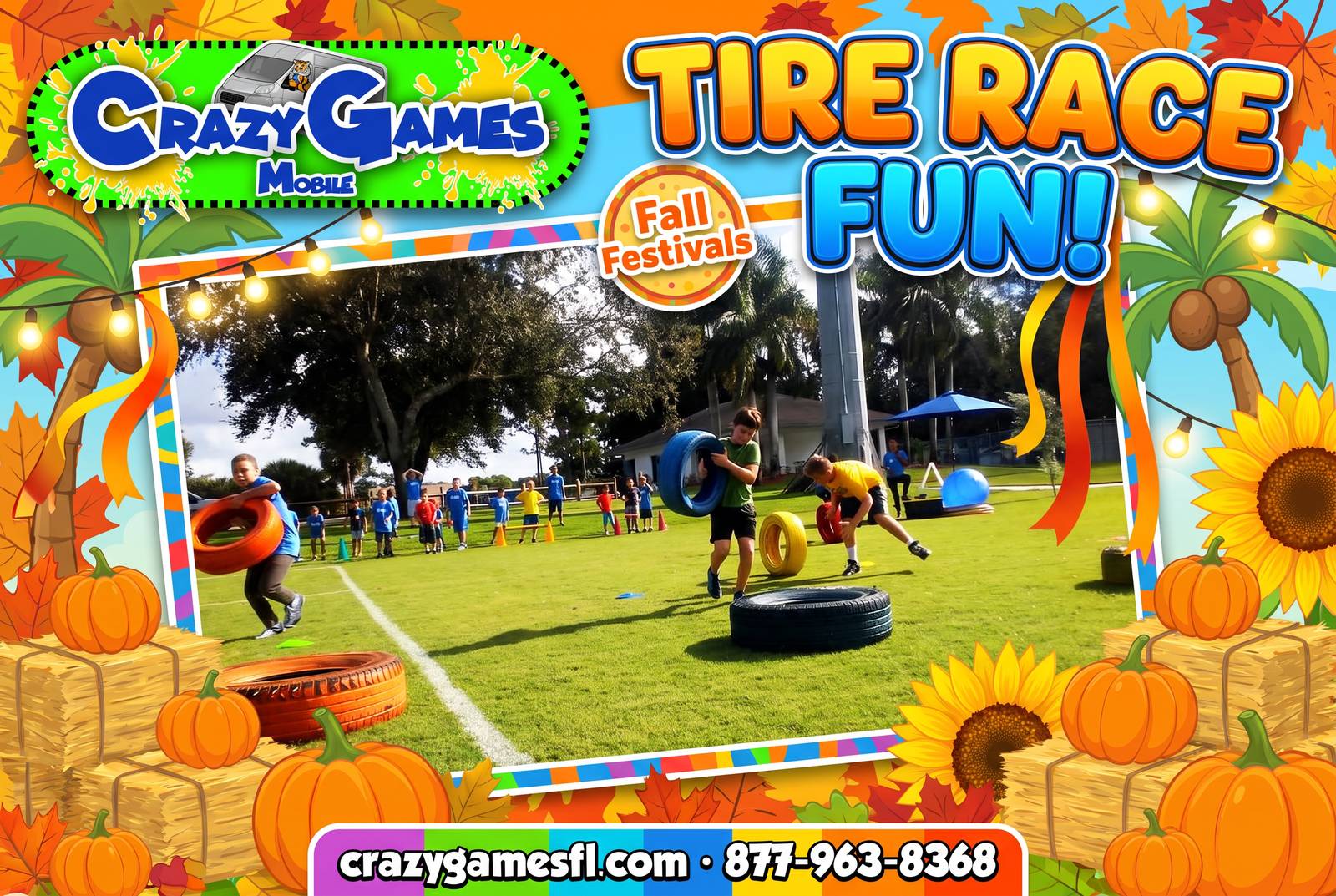 Crazy Games tire race ad with kids rolling colorful tires across a park field, with fall pumpkins and sunflowers
