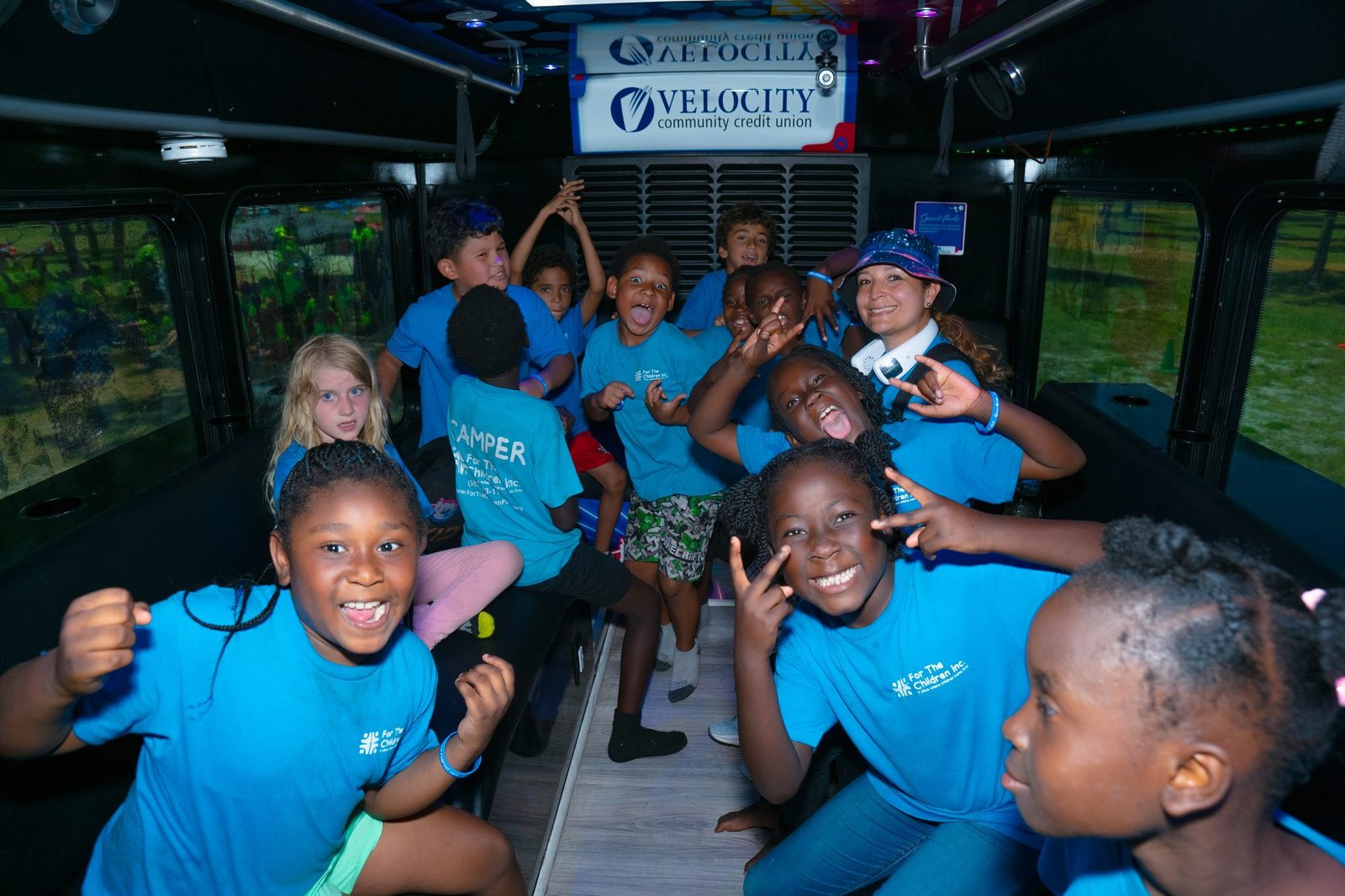 Indoor party bus at a Crazy Games event