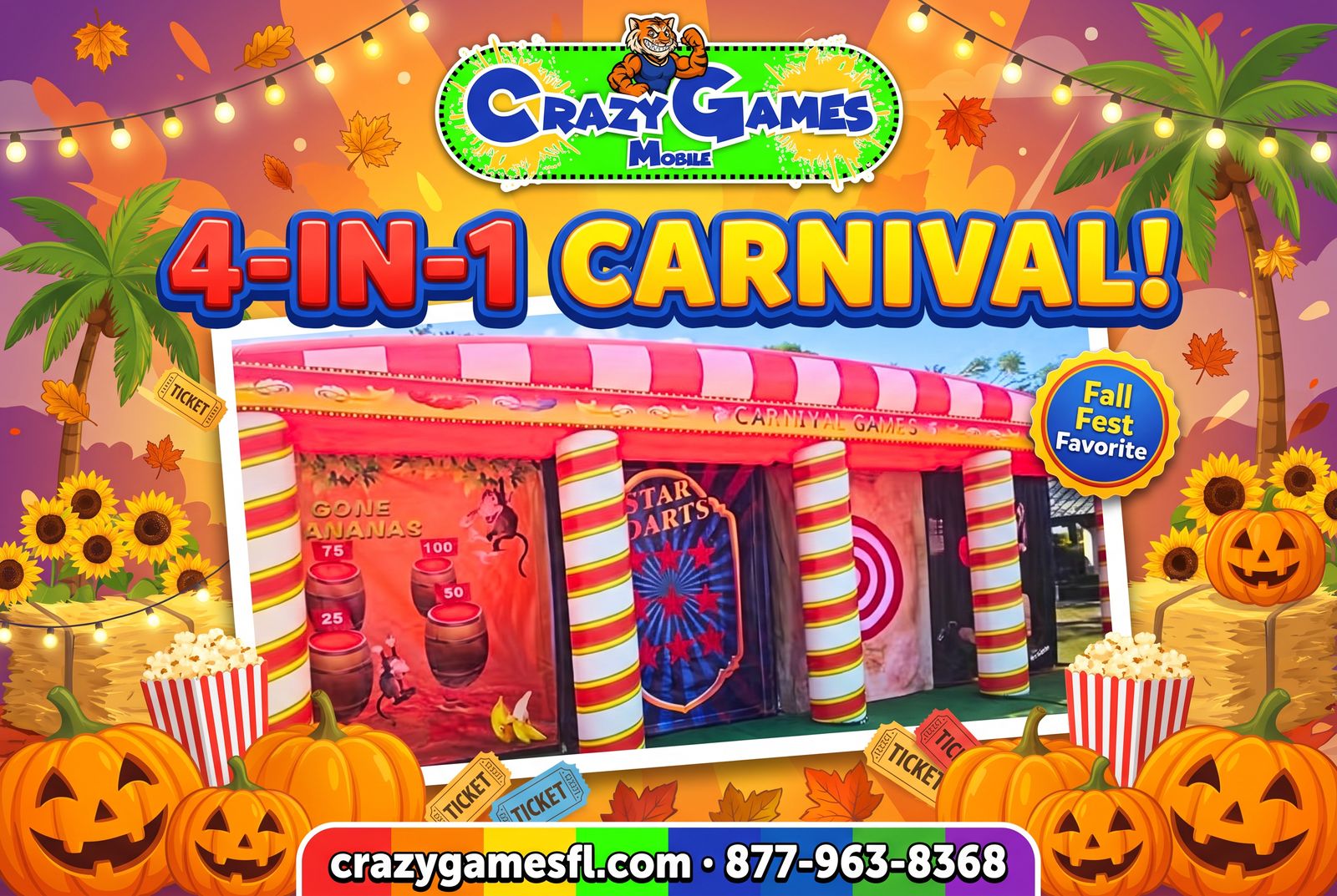 Crazy Games FL 4 in 1 Carnival inflatable game booth, a fall festival favorite for rent in South Florida