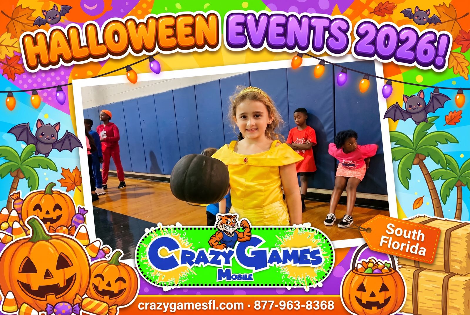 Crazy Games FL Halloween events 2026 ad with a costumed girl holding a pumpkin at a school Halloween party