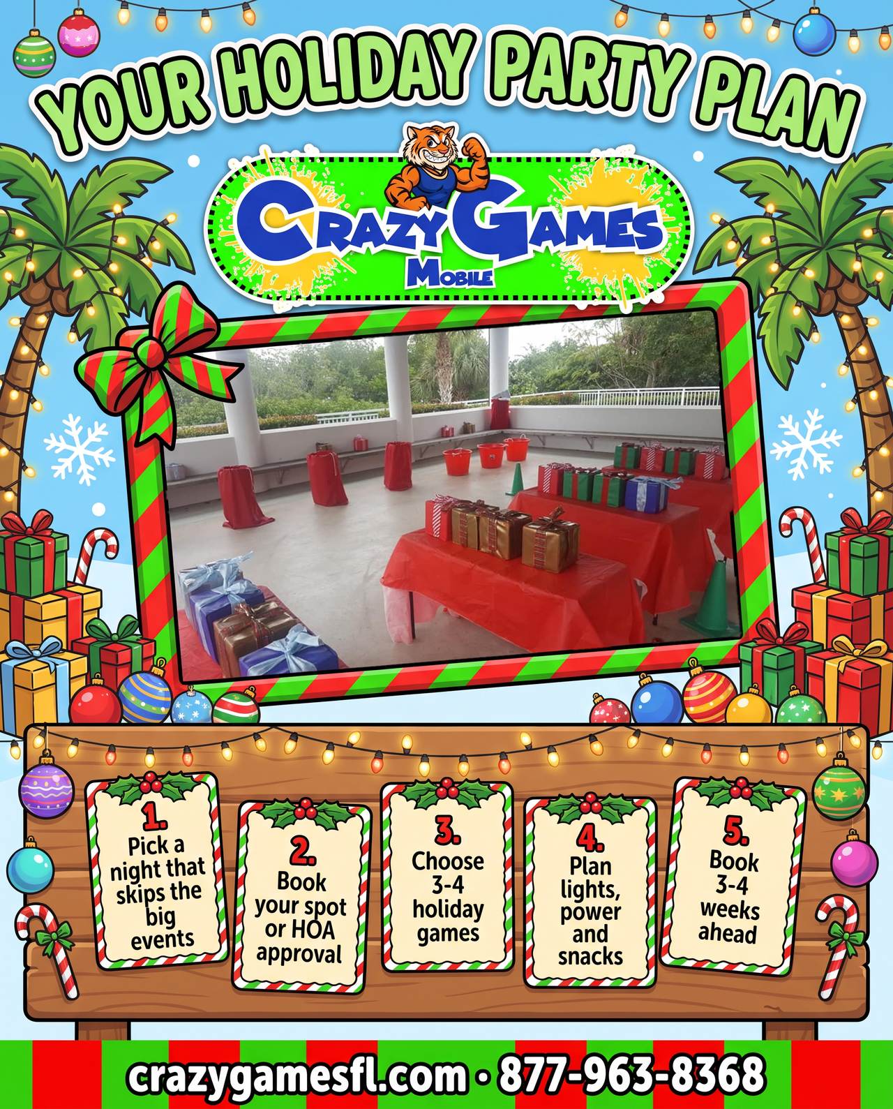 Crazy Games FL holiday party plan checklist ad with 5 numbered steps on a festive board and a photo of a holiday gift relay game setup