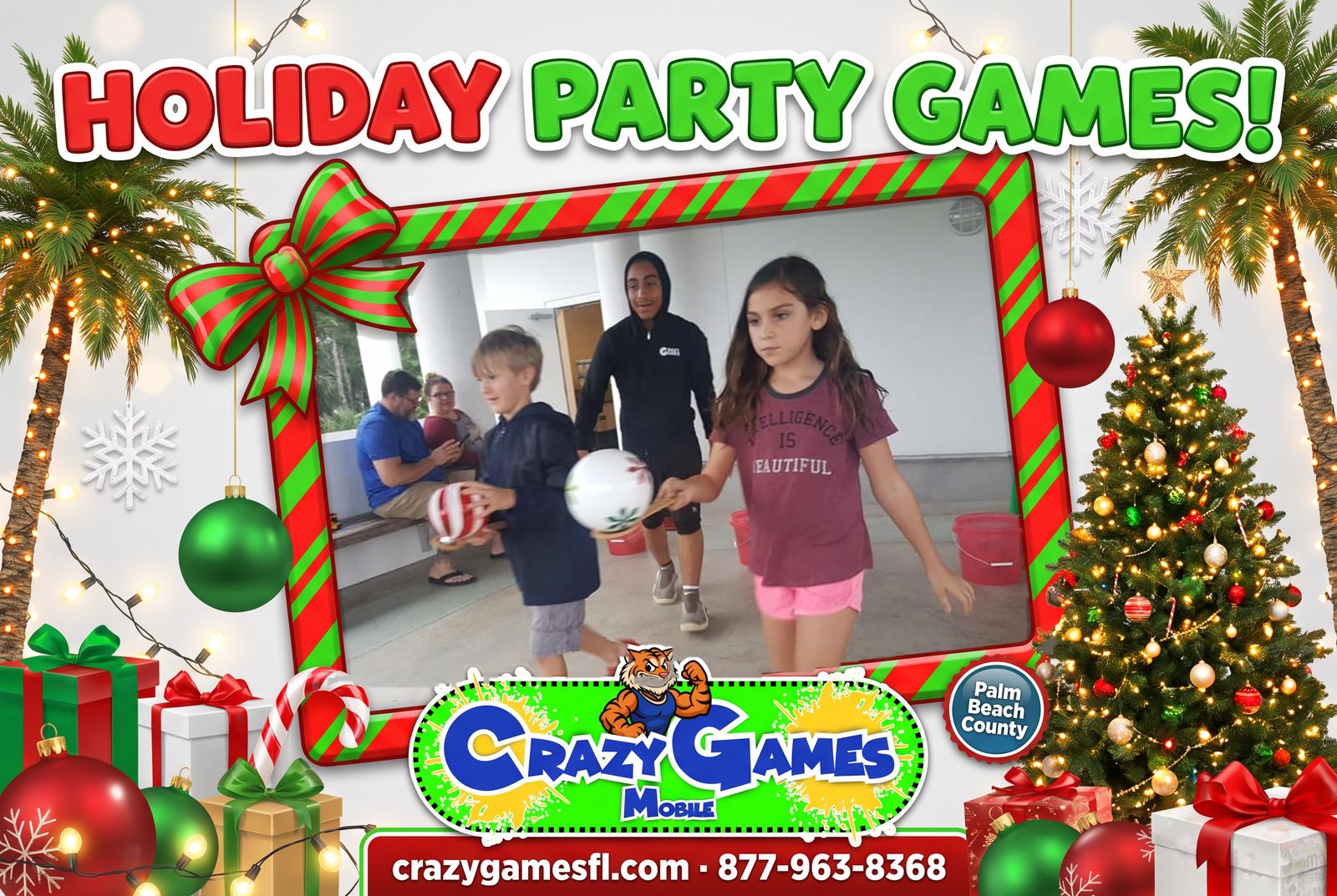 Crazy Games FL holiday party games ad with kids racing with giant ornaments on spoons under a covered pavilion, surrounded by ornaments, gifts, candy canes, string lights and palm trees