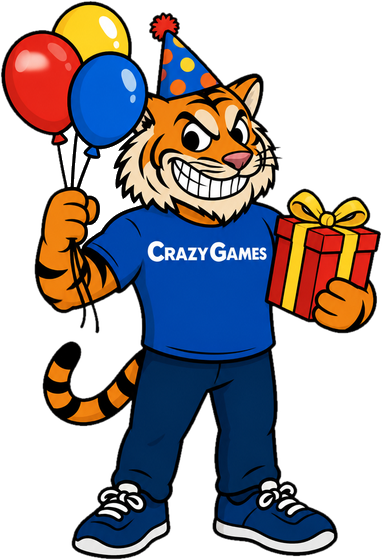 Tyler the Tiger in a party hat cheering with balloons and a gift
