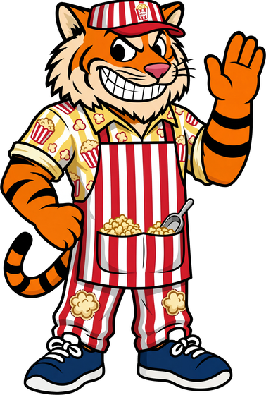 Tyler the Tiger in a popcorn-stand outfit