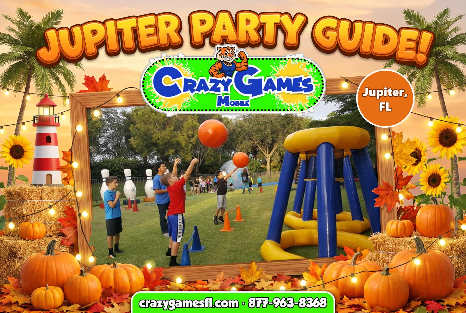 Crazy Games FL Jupiter party guide ad with kids shooting at a giant inflatable basketball hoop, framed by pumpkins and palm trees