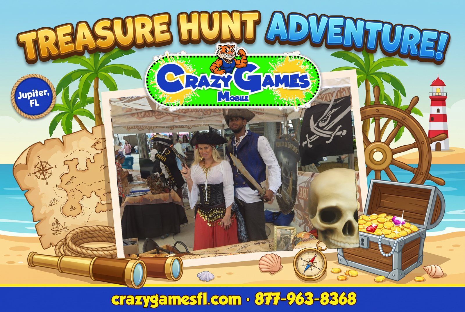 Treasure Hunt Adventure spotlight ad from Crazy Games FL with costumed pirate guides at the treasure hunt tent and map table