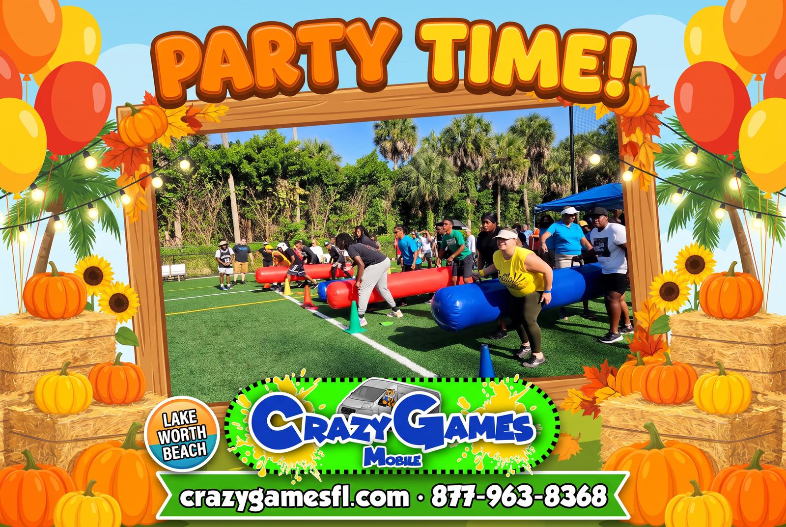 Crazy Games fall party ad for Lake Worth Beach with giant inflatable relay logs on a park field