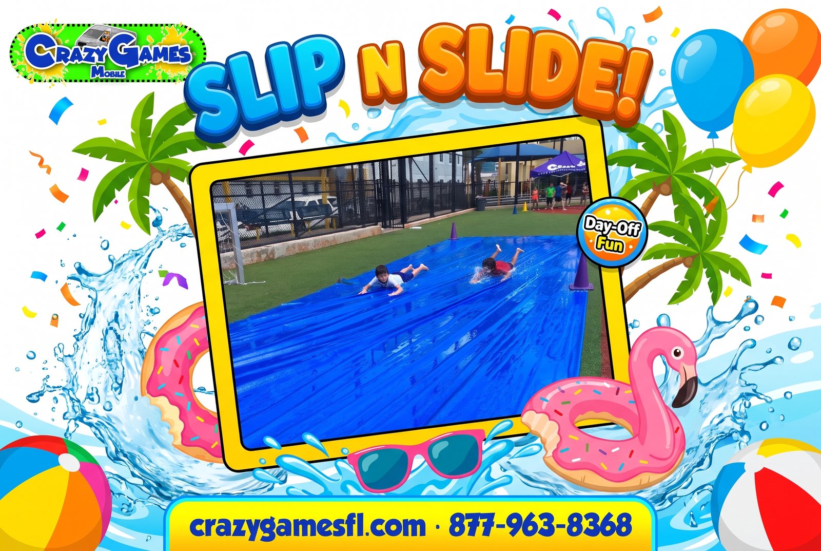 Crazy Games Slip N Slide ad with kids sliding down a long blue slide, with beach balls and splashes