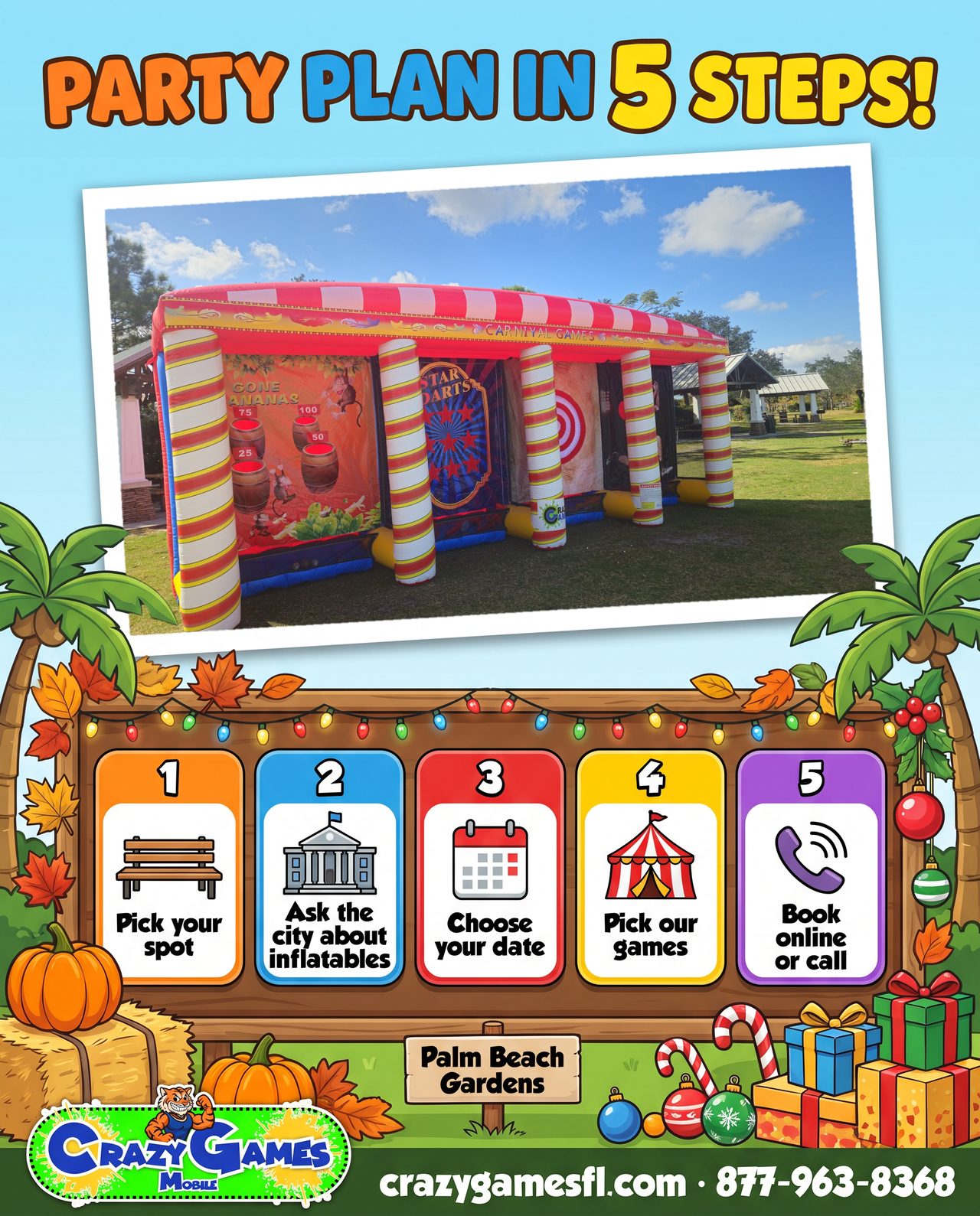 Party plan in 5 steps checklist ad for Palm Beach Gardens with the Crazy Games 4 in 1 Carnival booth