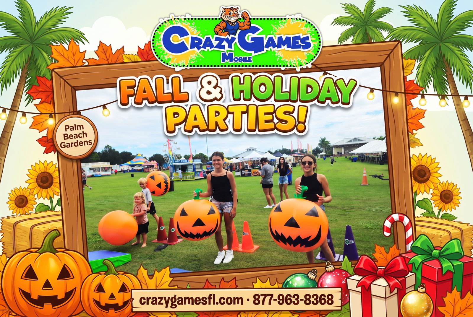 Crazy Games FL fall and holiday party ad for Palm Beach Gardens with kids playing giant inflatable pumpkin games on a festival field
