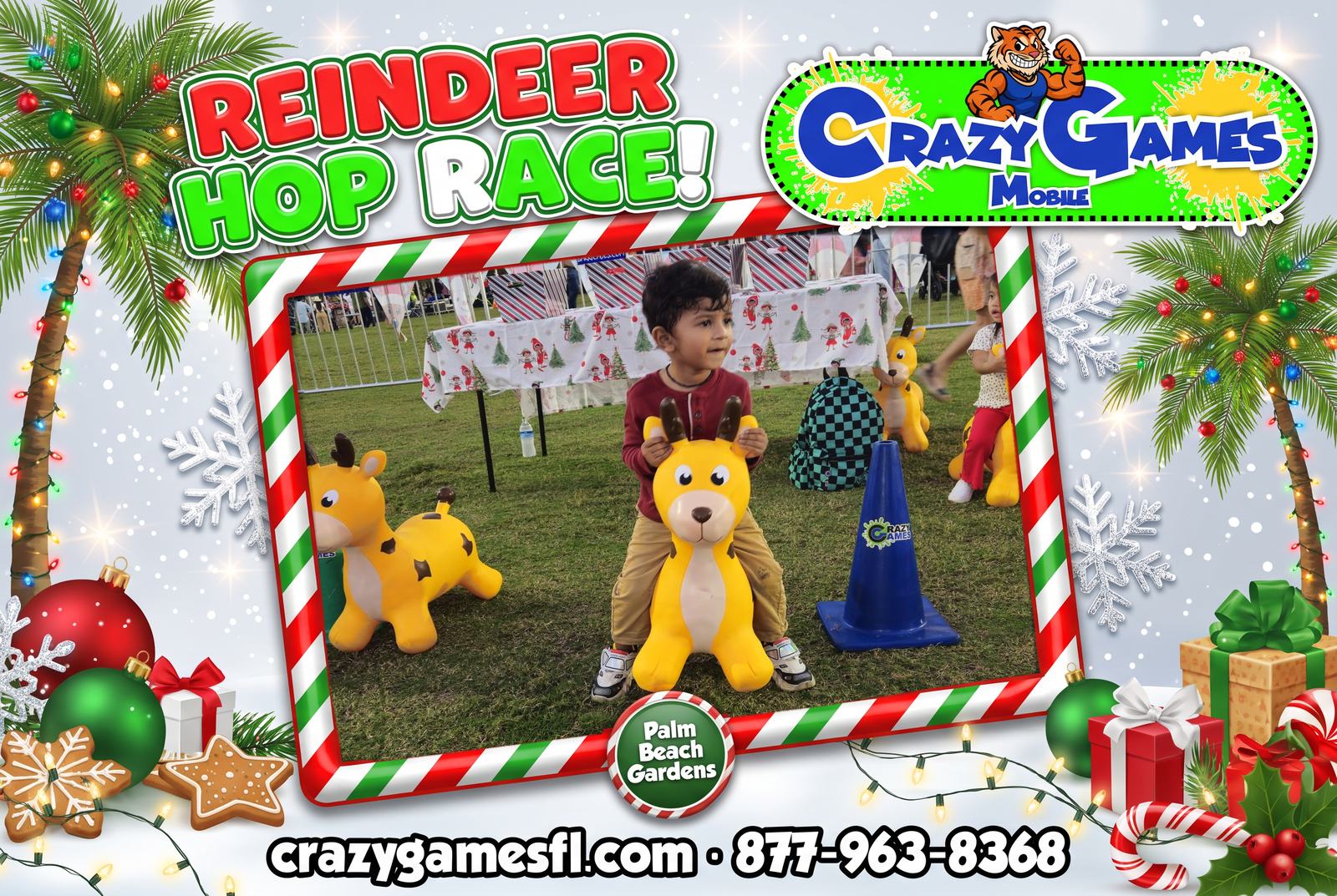 Reindeer Hop Race spotlight ad from Crazy Games FL showing a boy riding a yellow reindeer hopper at a Christmas event