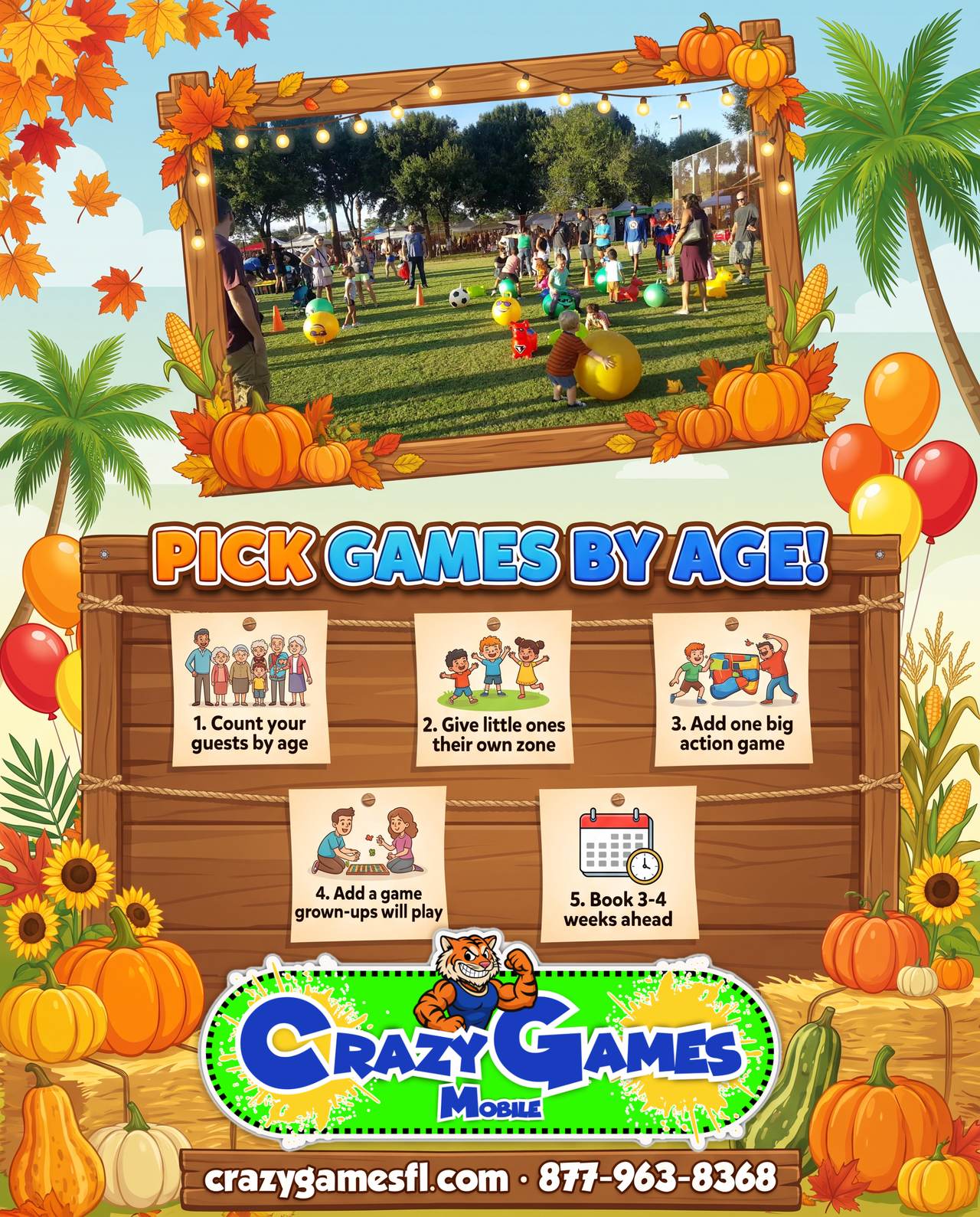 Crazy Games FL fall checklist ad with 5 steps to pick party games by age, under a photo of toddlers and families playing with hopper balls and animal hoppers at a park festival
