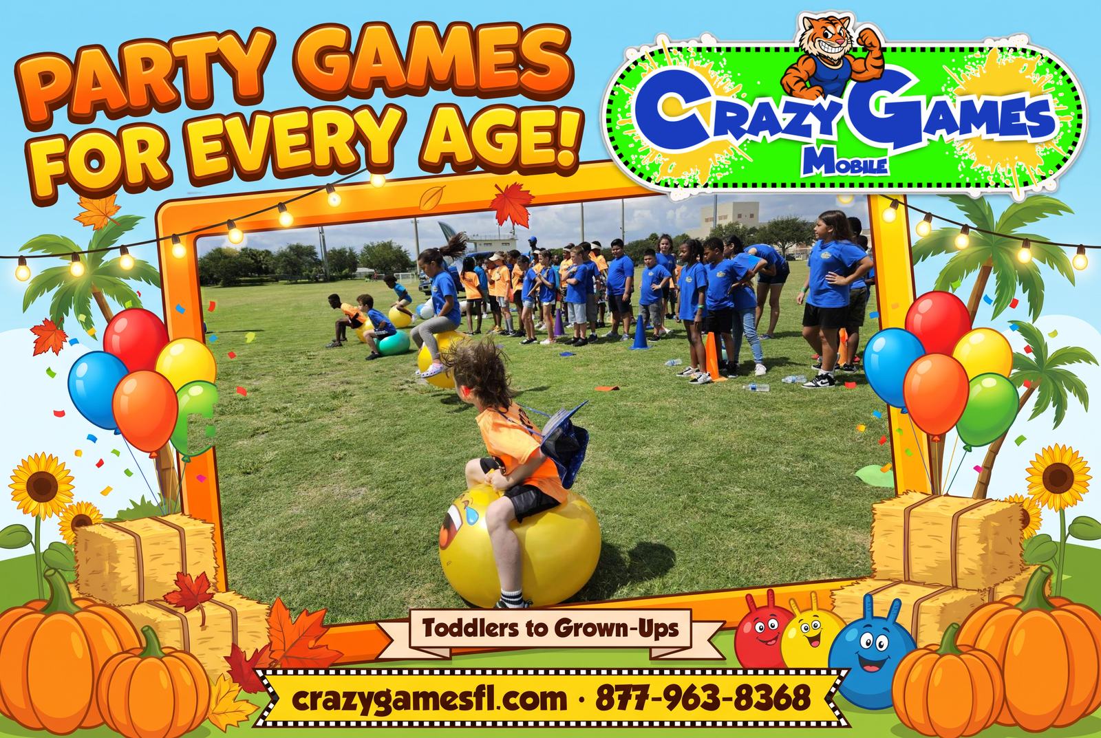 Crazy Games FL fall party ad with a child racing on a yellow hopper ball at a school field day, surrounded by pumpkins, hay bales, sunflowers and palm trees