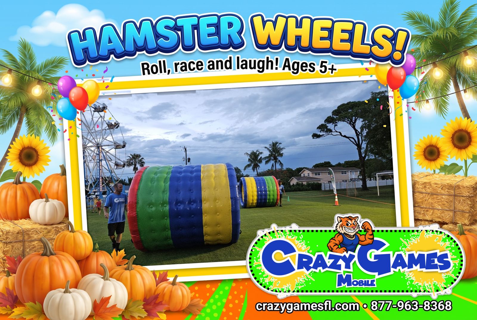 Crazy Games FL Hamster Wheels ad with two striped inflatable Hamster Wheels and a Crazy Games staff member on a field at an evening event, with pumpkins, leaves and palm trees