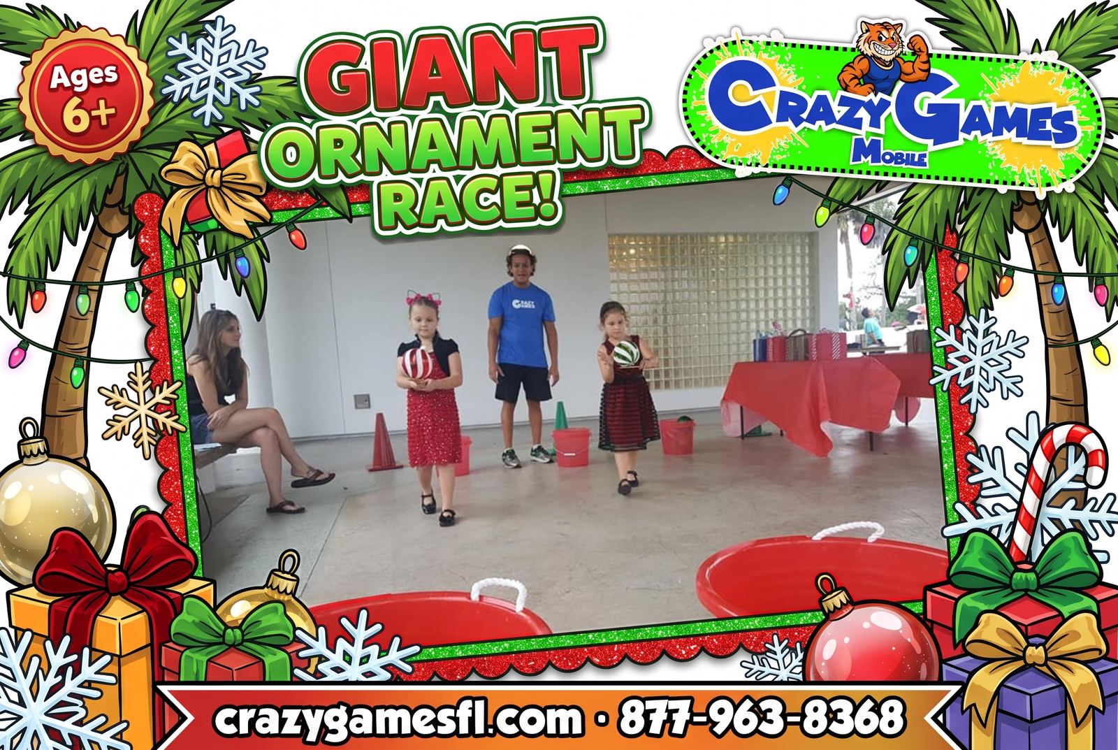 Giant Ornament and Spoon Race spotlight ad from Crazy Games FL showing two girls racing with giant ornaments while a Crazy Games coach hosts