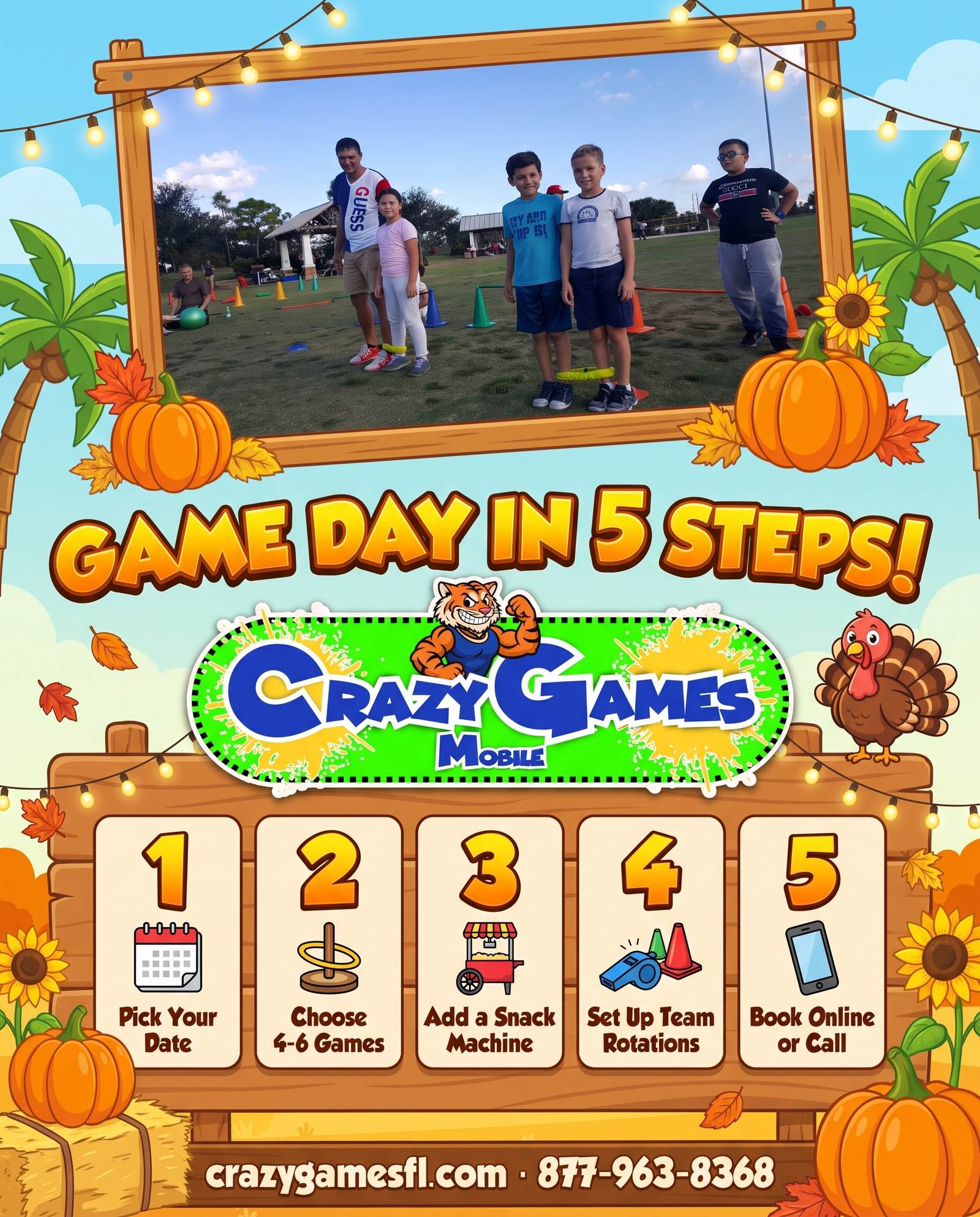 Crazy Games FL checklist ad: 5 steps to a Thanksgiving game day, with fall and Thanksgiving decorations