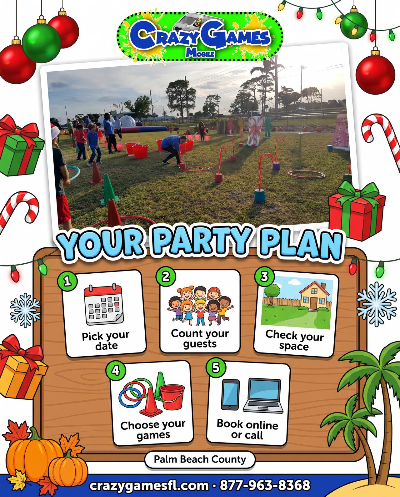 Your Party Plan checklist ad from Crazy Games FL with five steps to book party rentals early