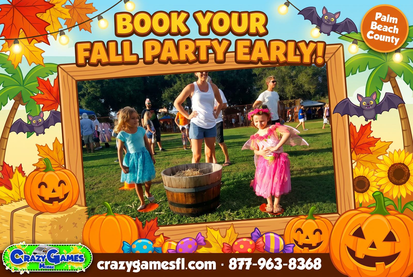 Crazy Games FL fall party ad with kids playing an apple relay game at a Palm Beach County festival