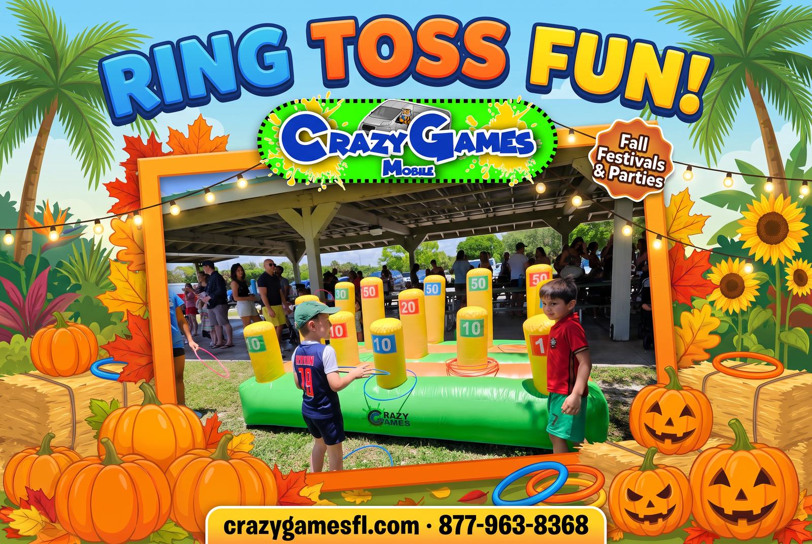 Ring Toss Fun spotlight ad from Crazy Games FL showing kids tossing rings at an inflatable ring toss game